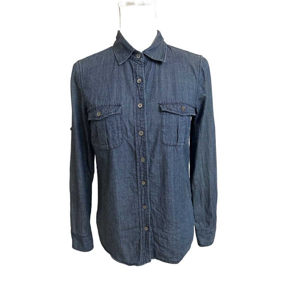 J Crew Women's 2 Lightweight Denim Long Sleeve Button Down Shirt Roll Tab Sleeve